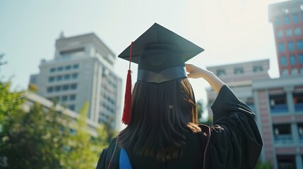 Rear view of a graduate holding her cap with a red tassel, standing outdoors in front of a building surrounded by greenery.