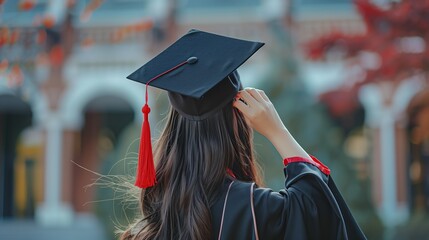 Wall Mural - Rear view of a graduate holding her cap with a red tassel, standing outdoors in front of a building surrounded by greenery.