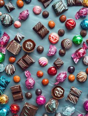 Aufkleber - A table covered in a vast array of colorful and detailed chocolates with shiny wrappers. Generative AI