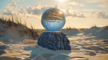 A large glass ball is sitting on a rock in the sand