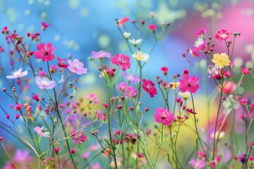 Poster - Lush field of colorful wildflowers against a vivid, bokeh backdrop