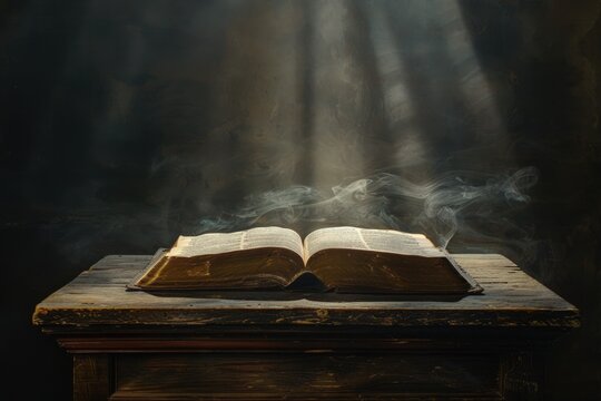A mesmerizingly detailed photo-realistic representation of an open book placed atop a wooden table.