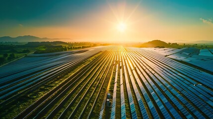 Aerial photograph of a vast solar panel farm, reflecting the bright sunlight, set against a clear blue sky