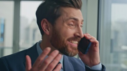 Poster - Overjoyed boss speaking mobile phone at big windows cabinet closeup. Man call