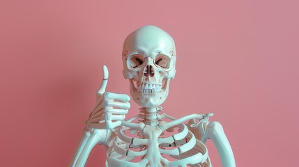 Human skeleton showing thumb up. Isolated on pastel colored background.