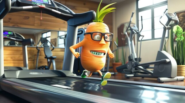 A 3D-rendered cartoon carrot character wearing stylish glasses while running on a treadmill in a gym, displaying a dynamic and healthy lifestyle.
