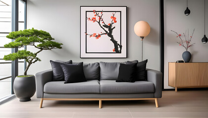 Wall Mural - Japanese style home interior design of modern living room. Grey sofa with black cushions against wall with poster frame.