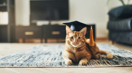 Wall Mural - Ginger cat wearing a graduation cap sitting on a rug in a living room, looking content and relaxed