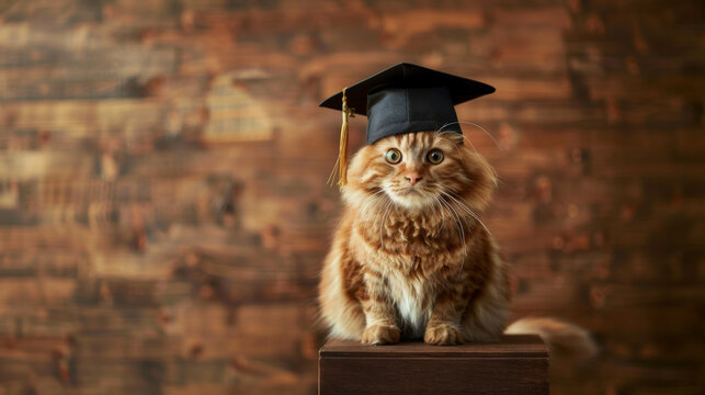 Ginger cat sitting on a stool wearing a graduation cap, looking curious and alert
