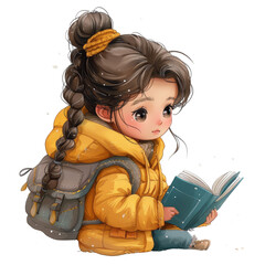 Wall Mural - a girl reading a book while sitting on the ground, transparent background png