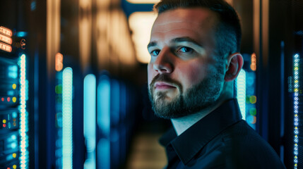 Poster - portrait of a male IT worker standing in a data server