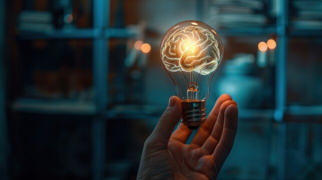 businessman holding aloft a radiant light bulb containing a glowing brain.