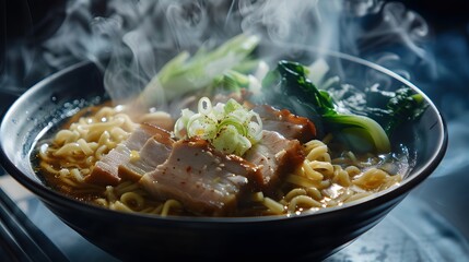 Wall Mural - Freshly cooked ramen noodles with pork and vegetables 