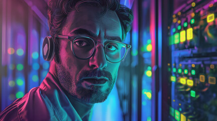 Poster - portrait of a male IT worker standing in a data server