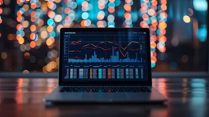 Poster - business data statistics displayed on laptop screen, economy business growth progress data analysis, sales record data stats 