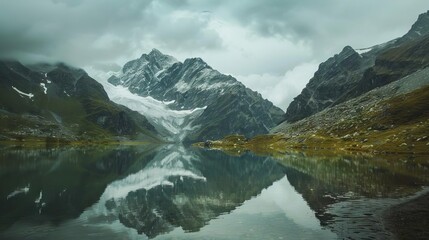 Wall Mural - majestic alpine lake reflecting towering snowcapped peaks breathtaking landscape photography