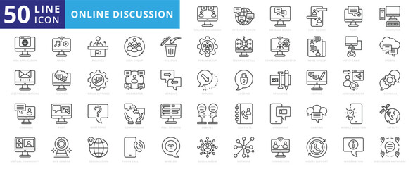 Online Discussion icon set with internet, forum, message board, chat rooms, group, meeting and web application.