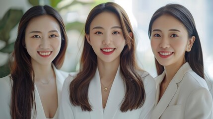 Wall Mural - Three Asian Chinese Beautiful Businesswomen Smile At The Camera With Confidence, Showcasing Their Collaborative Spirit, High Quality