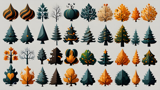 Design a collection of seasonal and holiday graphics, like Christmas trees or Halloween pumpkins, isolated on a white background