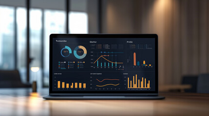 Poster - business data statistics displayed on laptop screen, economy business growth progress data analysis, sales record data stats 