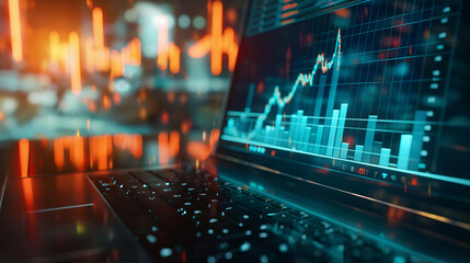 Poster - business data statistics displayed on laptop screen, economy business growth progress data analysis,