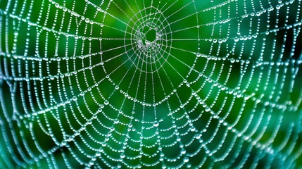 A macro photograph of a spider web with intricate overlapping threads symbolizing the interconnectedness of gluon wind.