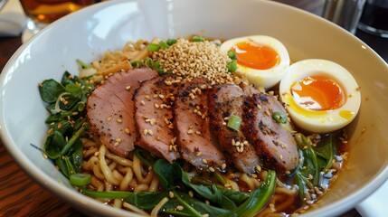 Wall Mural - Freshly cooked ramen noodles with pork and vegetables 