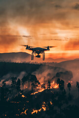 Wall Mural - Autonomous drone over wildfire at sunset