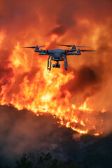 Wall Mural - Unmanned aerial vehicle using artificial intelligence technology to map and assess a raging wildfire during a dramatic sunset