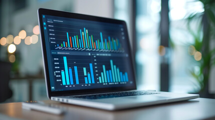 Poster - business data statistics displayed on laptop screen, economy business growth progress data analysis, sales record data stats 