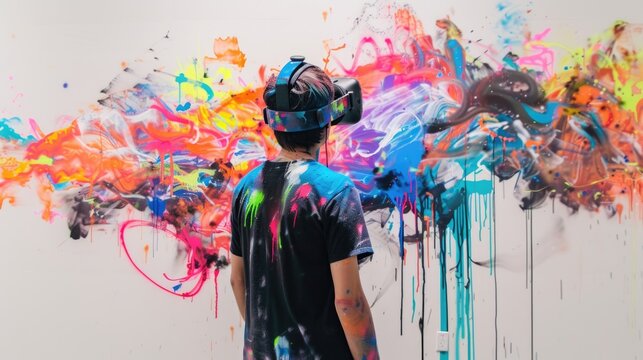 Skilled creative artist using VR glasses painting futuristic digital art at wall. Professional graphic designer making street art by using visual reality goggle with vibrant colorful color. AIG42.