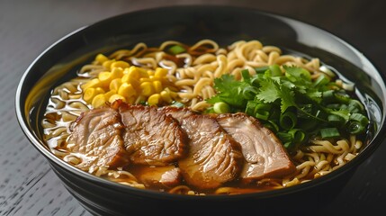 Wall Mural - Freshly cooked ramen noodles with pork and vegetables 