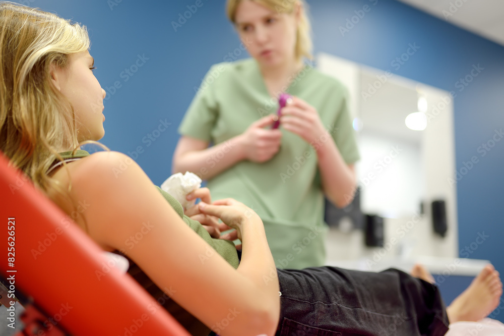 Girls Problem Medical Schoolgirl patient is at pediatrician appointment and feeling unwell ...