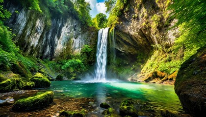 Wall Mural - /image: A majestic waterfall cascading down rugged cliffs into a crystal-clear pool below, surrounded by lush, green foliage. 8k --a6:9--v5.2