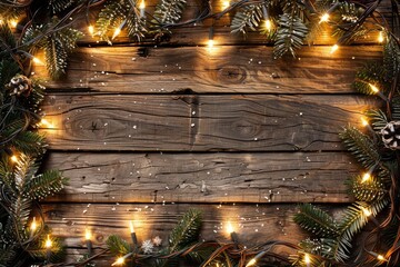 Wall Mural - Christmas Rustic Background. Wooden Board with Christmas Lights Frame in Bright Holiday Mood