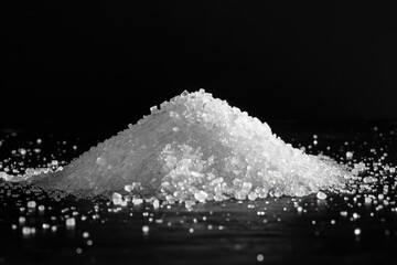 Sugar Pile. Heap of White Sugar Isolated on Black Background