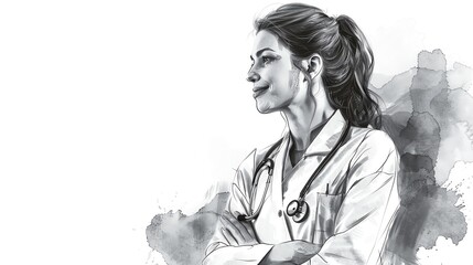 female physician drawing flat design side view clinic theme water color black and white