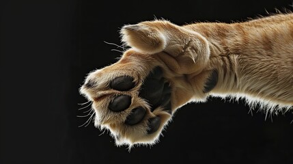 Closeup of a lion's paw in a jump on a black background. Animal in motion
