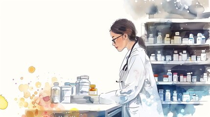 Female pharmacist drawing flat design side view clinic theme water color black and white