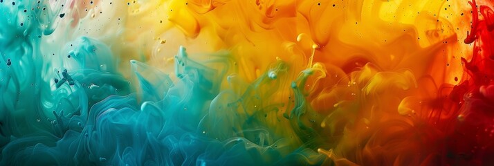 Color liquid ink splash abstract background rainbow art. Rainbow splash collage mix flow drip. Fluid wave color yellow, red, green, blue. Liquid ink palette motion