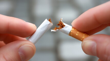 Close-up on the hands of a person holding a cigarette and breaking it in two, symbol of someone's determination to quit smoking. Smoking cessation illustration and tobacco free lifestyle sign