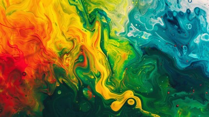 Wall Mural - Color liquid ink splash abstract background rainbow art. Rainbow splash collage mix flow drip. Fluid wave color yellow, red, green, blue. Liquid ink palette motion