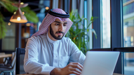 Poster - portrait of a modern arab man working on laptop in a modern office