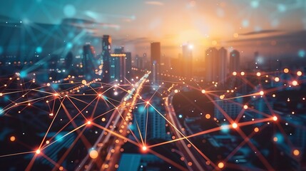 Fototapete - Smart city and abstract polygon pattern connection with speed line light, big data connection technology concept