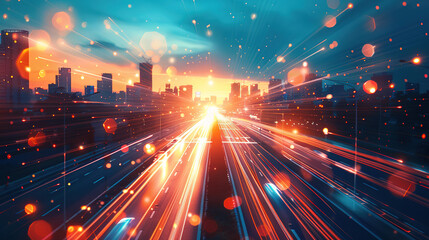 Fototapete - Smart city and abstract polygon pattern connection with speed line light, big data connection technology concept