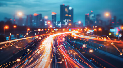 Fototapete - Smart city and abstract polygon pattern connection with speed line light, big data connection technology concept