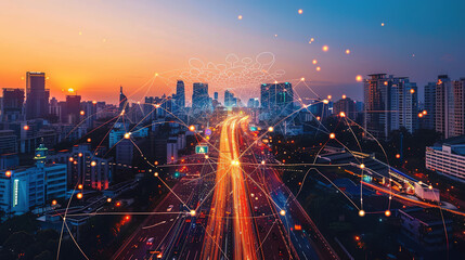 Fototapete - Smart city and abstract polygon pattern connection with speed line light, big data connection technology concept