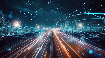 Fototapete - Smart city and abstract polygon pattern connection with speed line light, big data connection technology concept