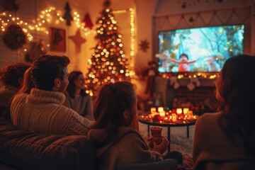 Wall Mural - Cozy family time during the holidays as they enjoy a movie together with a brightly decorated Christmas tree in the background