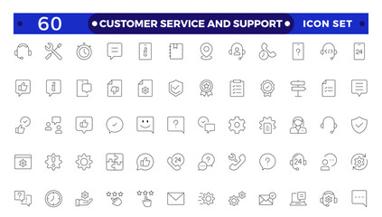 Customer Service and Support - Outline Icon Collection.Thin-line modern style of customer service icons: feedback, technical support, assistance, information, and more.